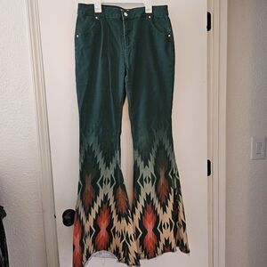 Ranch Dress'n' Green Chevron Jeans Boho Ranch Festival Super Flare Size 8
